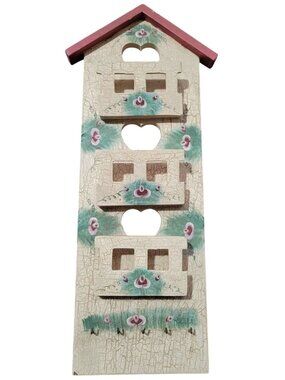 Tole Painted Rustic House Wooden Letter Sorter Key Holder Heart Cutouts Floral